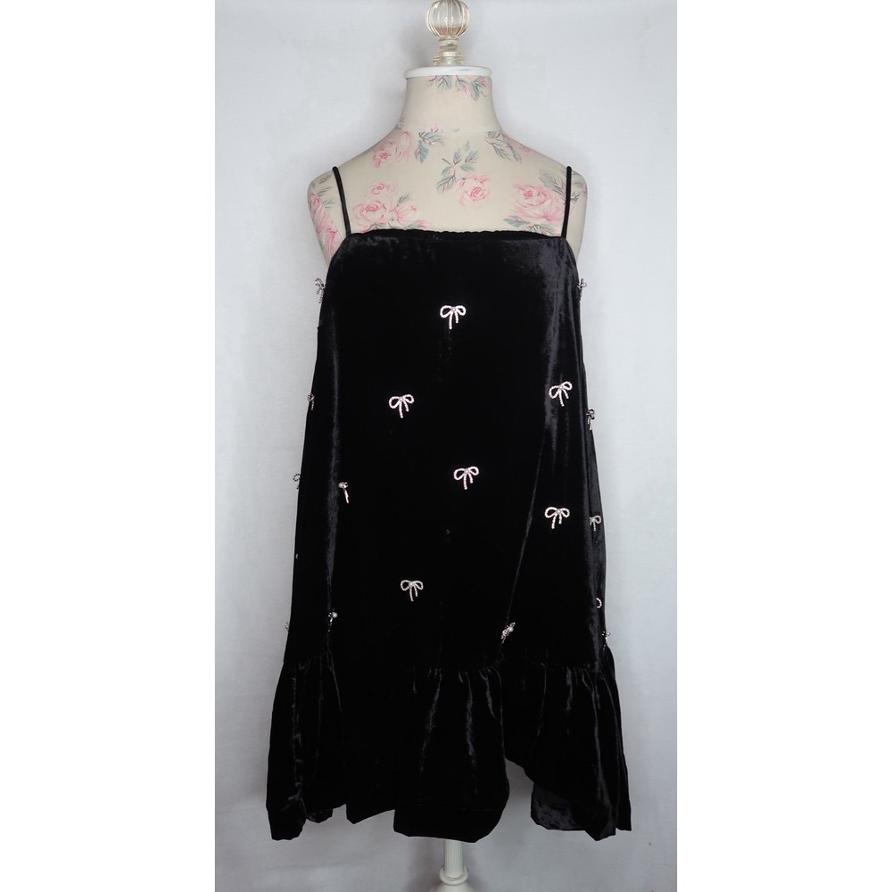 Maeve Anthropologie Bow Velvet Mini Dress Black Womens Medium Beaded Bows Ruffle